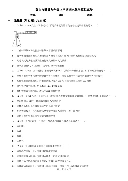 黄山市黟县九年级上学期期末化学模拟试卷