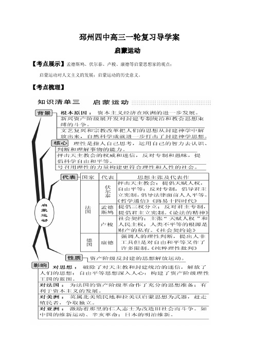 江苏省邳州市第四中学高三历史一轮复习导学案启蒙运动(无答案)