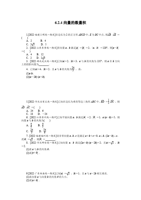 向量的数量积(练习)(含解析)高一下学期数学(人教A版2019 必修第二册)