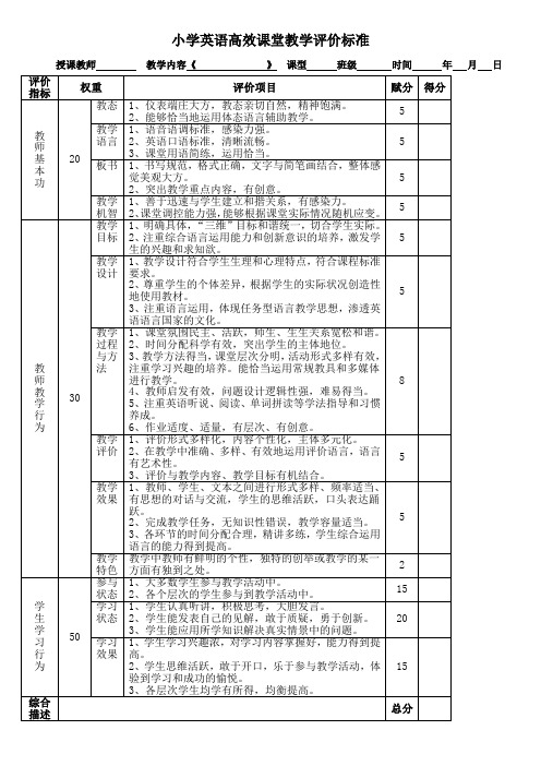 小学英语高效课堂教学评价标准