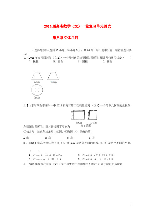 高考数学一轮复习 第八章《立体几何》精编配套试题(含解析)文 新人教A版