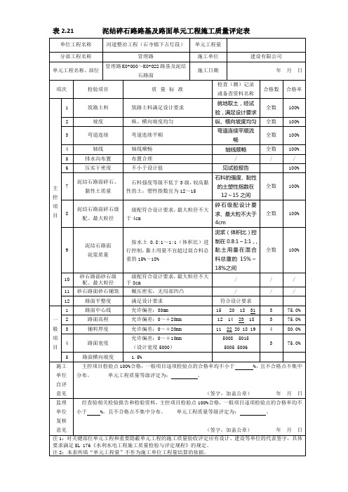 泥结碎石路路基及路面单元工程施工质量评定表