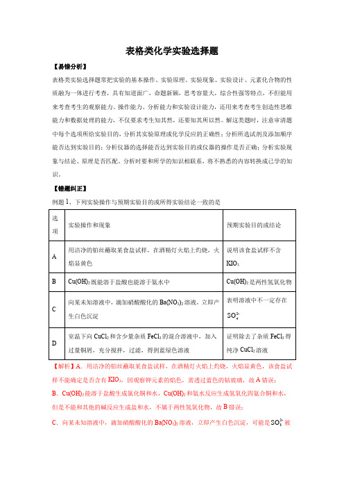 高三化学一轮复习易错题：表格类化学实验选择题