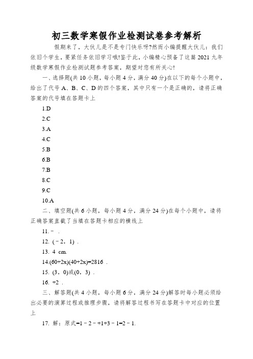 初三数学寒假作业检测试卷参考解析