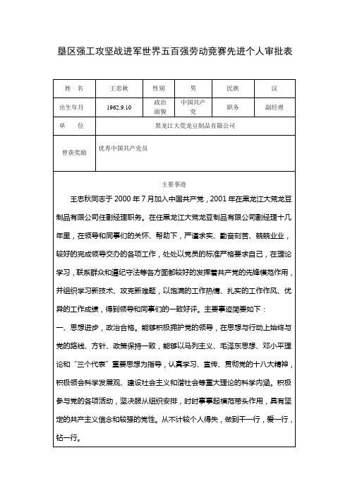 垦区劳动竞赛先进个人审批表