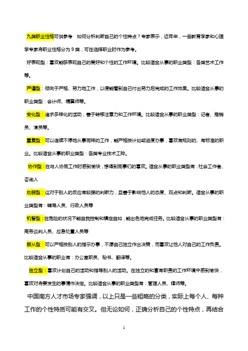 九类职业性格可供参考  如何分析判断自己的个性特点