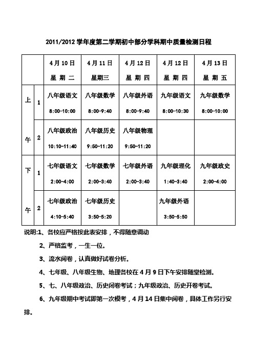 2012期中考试安排