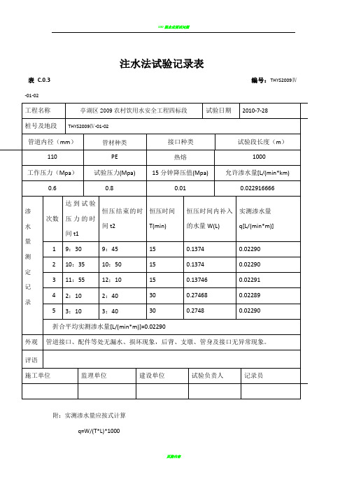 注水法试验记录表