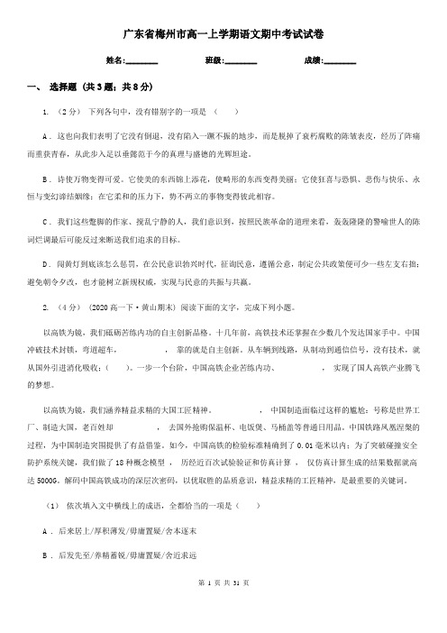 广东省梅州市高一上学期语文期中考试试卷