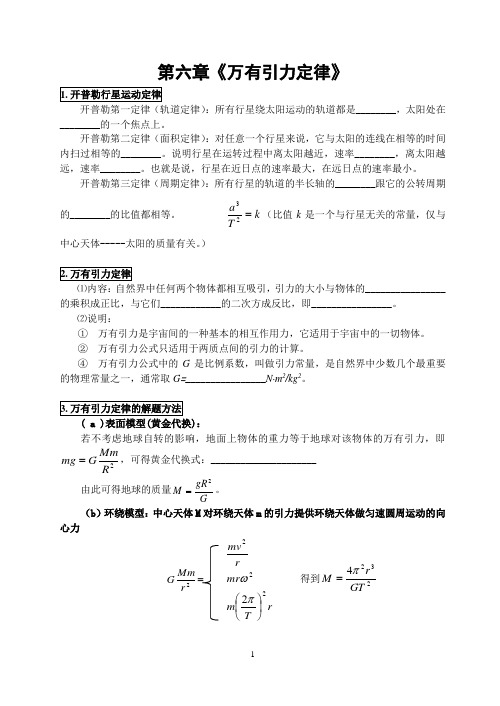 高中物理必修2万有引力定律复习学案