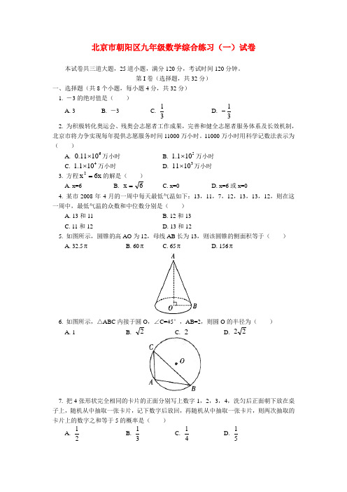 北京市朝阳区九年级数学综合练习(一)试卷