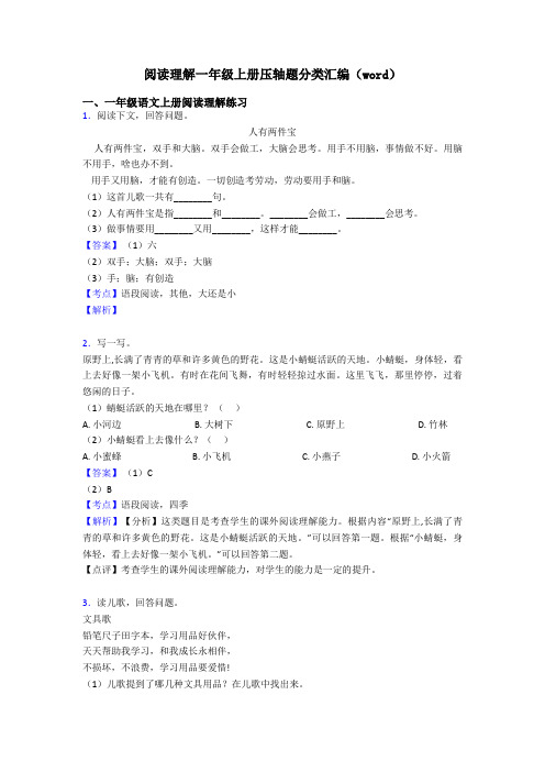 一年级阅读理解一年级上册压轴题分类汇编(word)