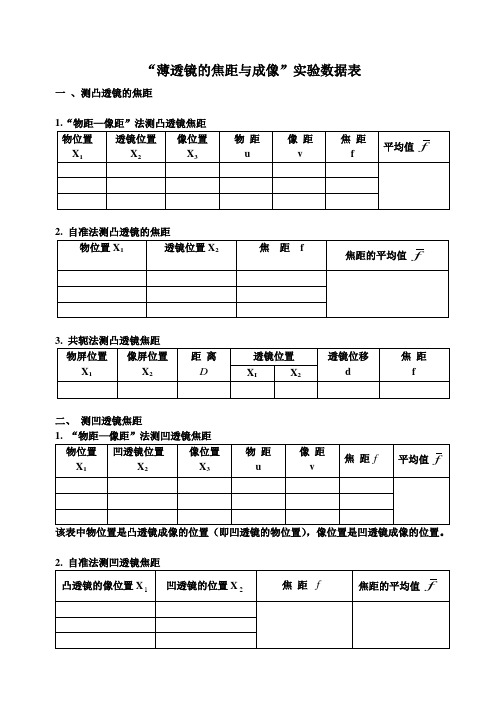 “薄透镜的焦距与成像”实验数据表