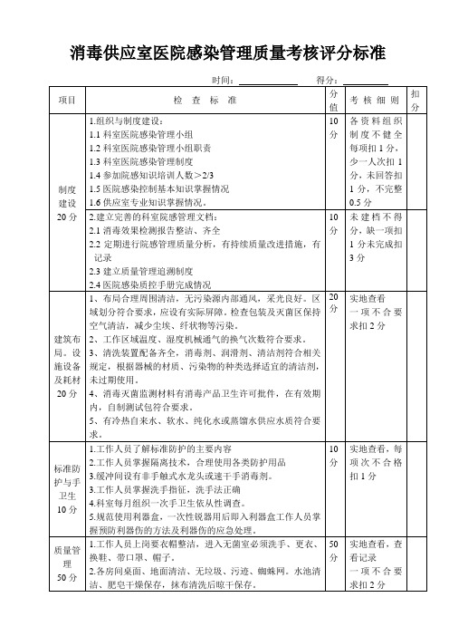 消毒供应室医院感染管理质量考核评分标准