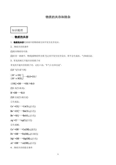 2019年初三化学中考专题：离子共存、物质除杂