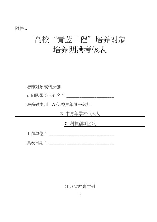 高校“青蓝工程”培养对象培养期满考核表