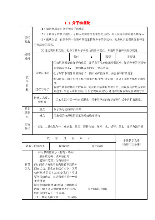 教科初中物理九上《1.1 分子动理论》word教案 (1)