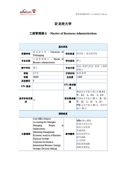 卧龙岗大学工商管理学硕士专业