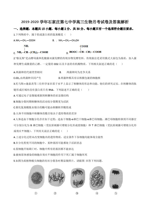 2019-2020学年石家庄第七中学高三生物月考试卷及答案解析