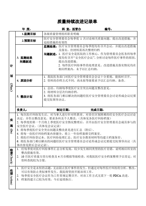 医院医管办各级质量管理组织职责明确PDCA持续质量改进记录表PDCA模板