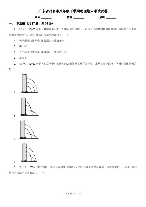 广东省茂名市八年级下学期物理期末考试试卷