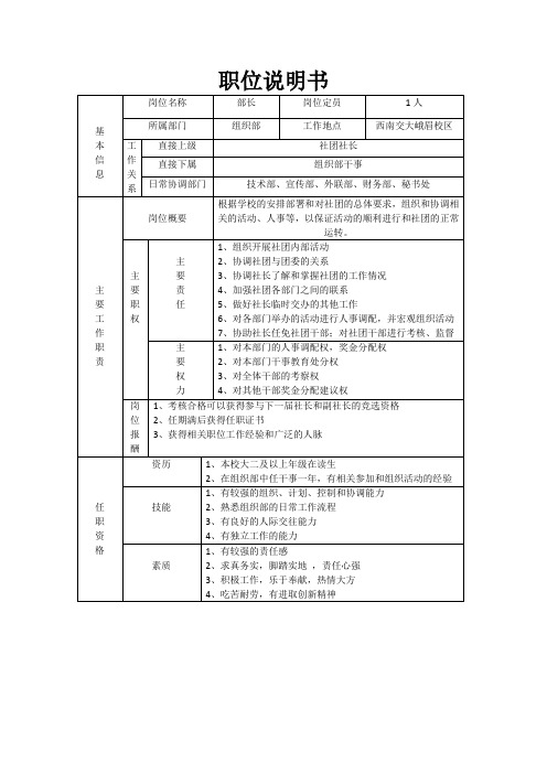 组织部部长岗位职责说明书