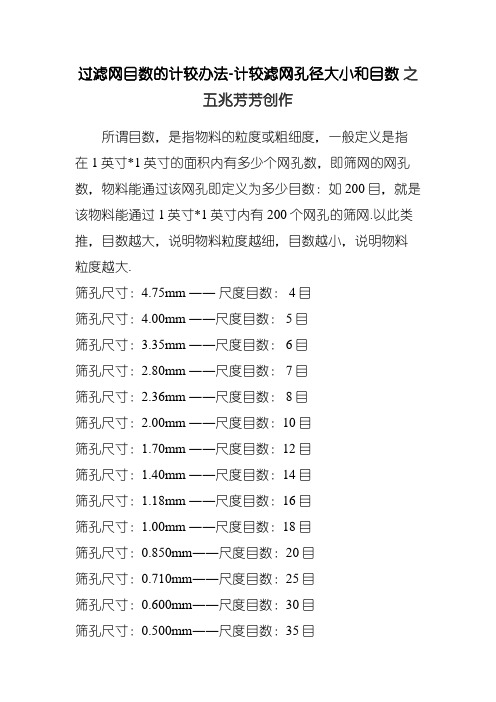 滤网目数及对应的孔径尺寸