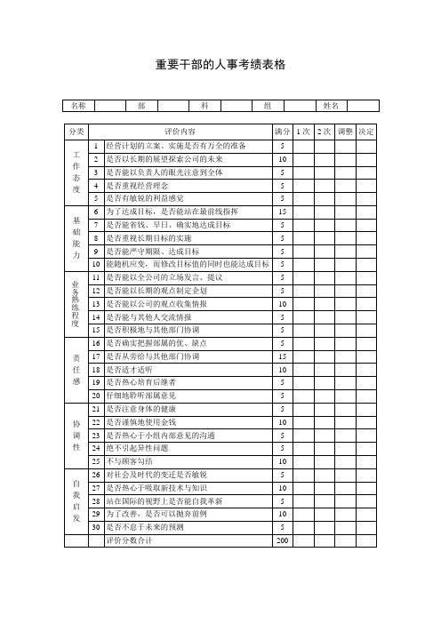 重要干部的人事考绩表格