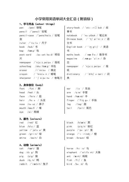 小学常用英语单词大全汇总附音标