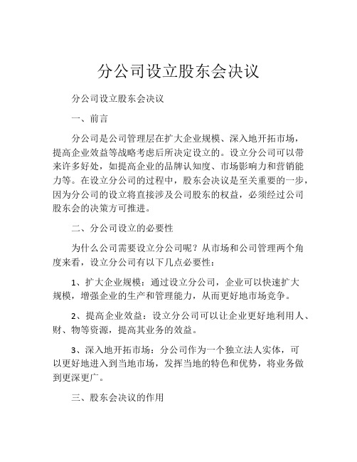 分公司设立股东会决议