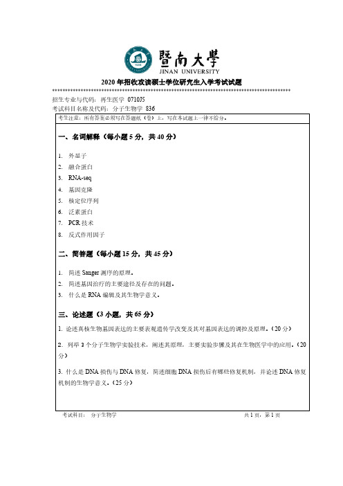 暨南大学2020年《836分子生物学》考研专业课真题试卷