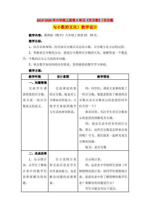 2019-2020年六年级上册第3单元《百分数》(百分数与小数的互化)教学设计