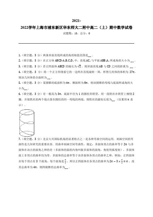 2021-2022学年上海市浦东新区华东师大二附中高二(上)期中数学试卷