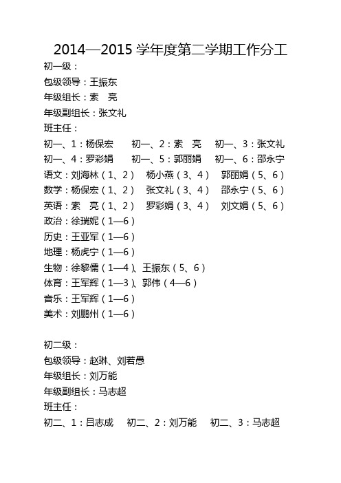 2014—2015学年度第二学期开学分工