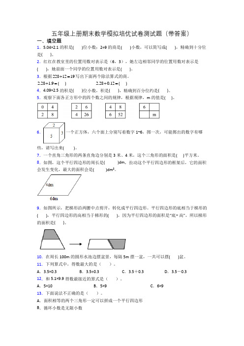 五年级上册期末数学模拟培优试卷测试题(带答案)