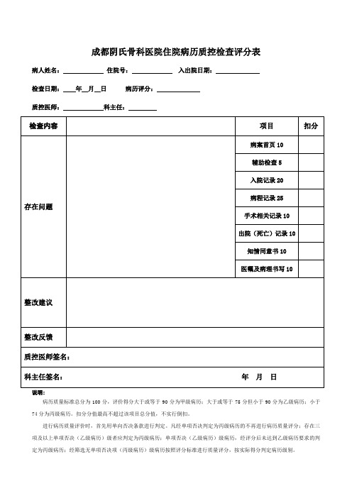 住院病历质控检查评分表新