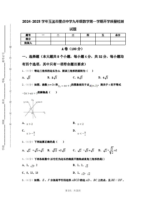 2024-2025学年玉溪市重点中学九年级数学第一学期开学质量检测试题【含答案】