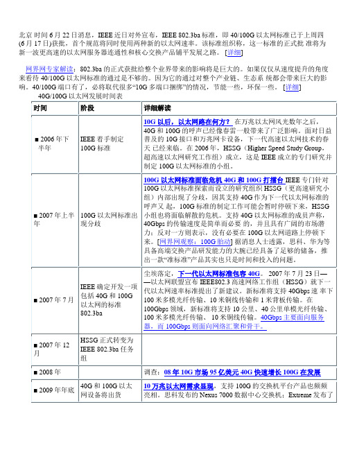 40G 100G以太网标准正式颁布