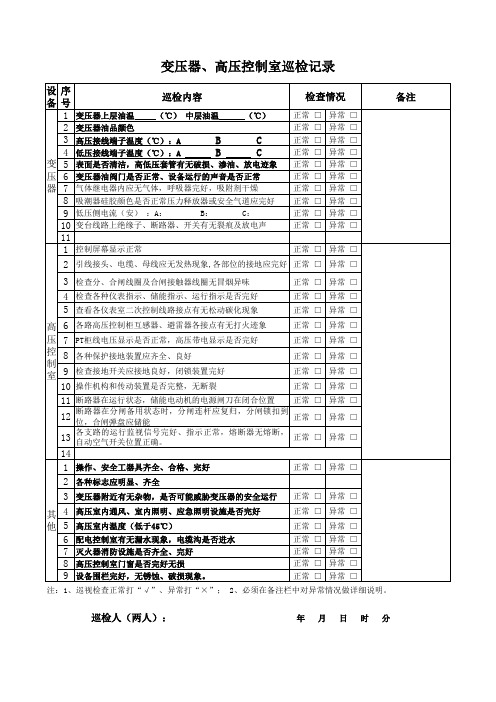 10kV及以下配电室巡检记录表