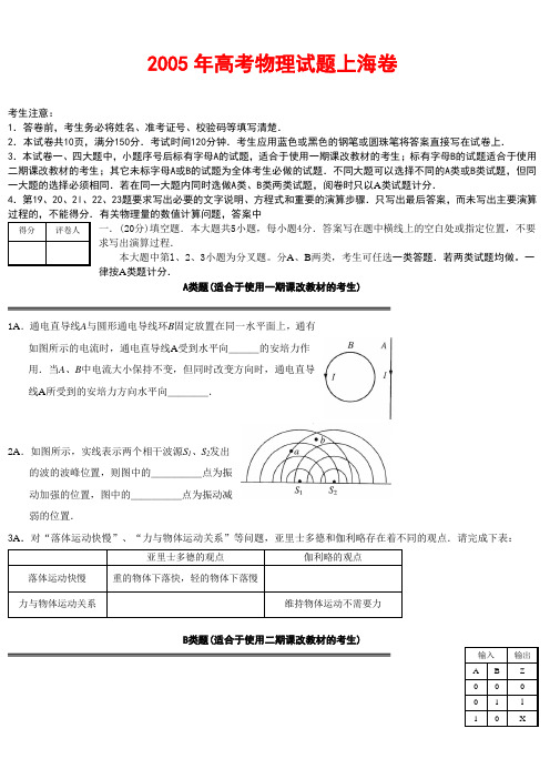 2005年高考物理试题上海卷