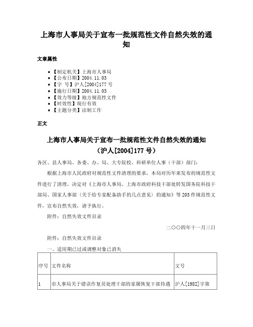 上海市人事局关于宣布一批规范性文件自然失效的通知