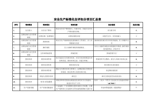 安全生产标准化自评扣分项目汇总表