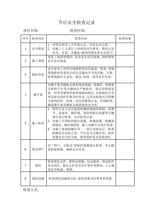 节后复工前安全检查记录