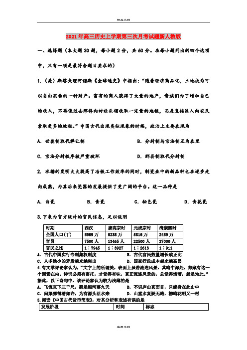 2021年高三历史上学期第三次月考试题新人教版