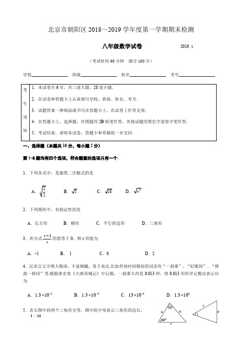 2018-2019年北京市朝阳区八年级上数学期末试卷+答案