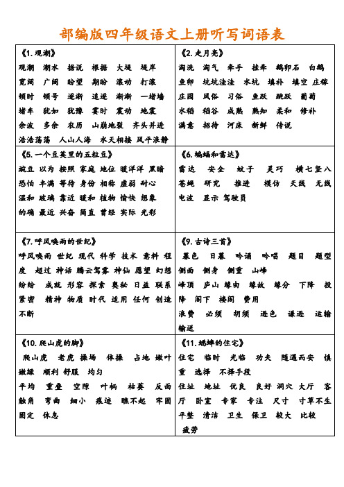 【小学语文】部编版四年级语文上册各课听写词语表(非常全面)