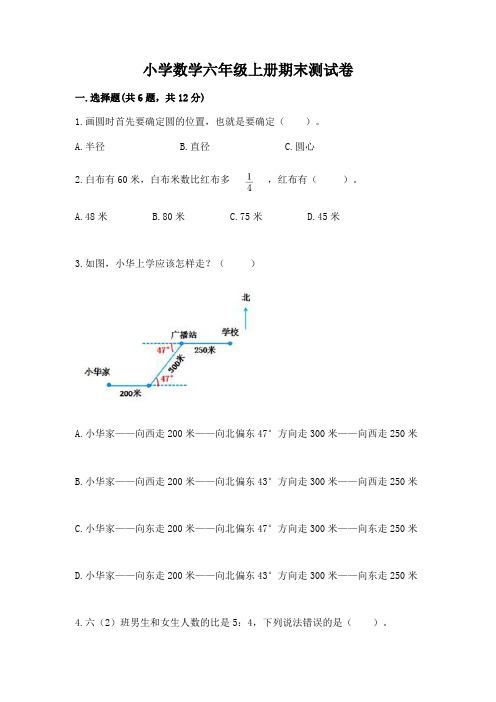 小学数学六年级上册期末测试卷含解析答案