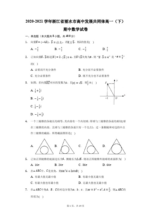 2020-2021学年浙江省丽水市高中发展共同体高一(下)期中数学试卷(附答案详解)