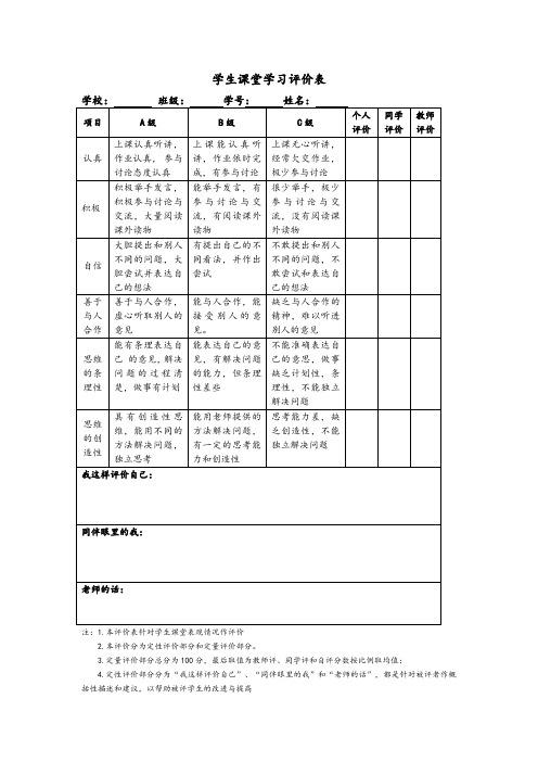 学生课堂学习评价表