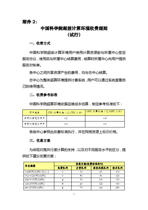 中国科学院超级计算环境收费细则(试行)